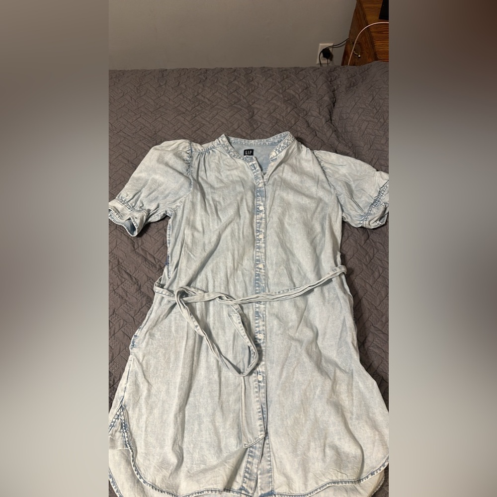 Bubble sleeve tie waist denim dress